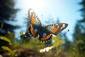 a large colored butterfly sitting on leaves, a beautiful insect in its natural habitat