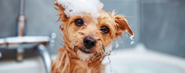 Funny portrait of a cute dog showering with shampoo, dog taking a bath in grooming salon - obrazy, fototapety, plakaty