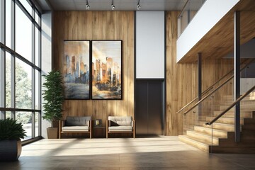 Wooden loft-style business center interior with elevator lobby and empty paintings. Generative AI - obrazy, fototapety, plakaty