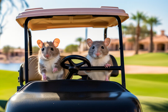 Two cute mice are riding on a miniature golf cart.