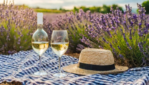 white wine glasses and bottle against a lavender field backdrop straw hat flower basket lavender on a picnic blanket romantic sunset in provence france copy space image place for adding text or