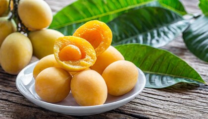 Naklejka na ściany i meble fresh peeled sweet yellow marian plum fruit or plum mango ma yong chid in thai language sweet and sour fruit from thailand