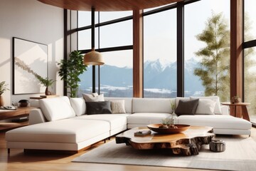 Fototapeta premium Interior home design of modern living room with white sofa and live edge accent coffee table with wooden furniture and houseplants with panoramic windows with mountain views
