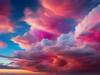 Deurstickers Challenge the conventional skies by visualizing a surreal symphony of clouds painted in vibrant, otherworldly colors. © Hashan
