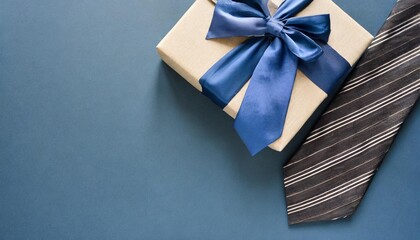 banner with blue gift box and neckties on dark blue background father s day concept