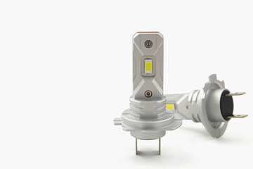 Modern LED lamps for a car on a white background. Lamp base H7. Copy space