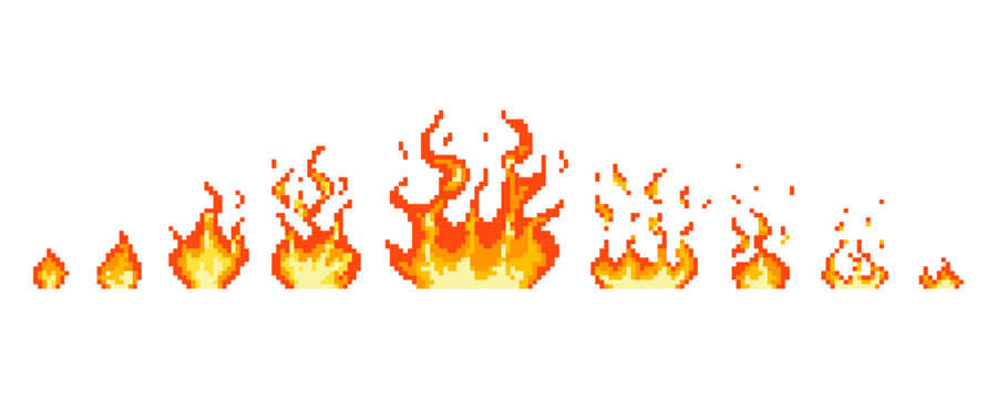 Stages of pixel fire ignition and extinction. Gaming pixel fire, explosion, flames. Steps of pixel flame ignition and extinguishing.