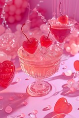Pink cocktail with cherries in a shape of heart. Valentine's day background. 