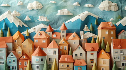 Origami paper town. Houses, mountains and clouds made of paper