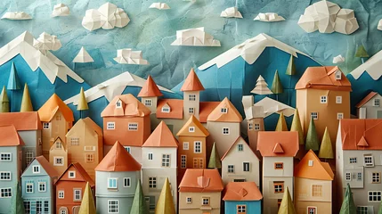 Papier Peint photo Chambre denfants Origami paper town. Houses, mountains and clouds made of paper