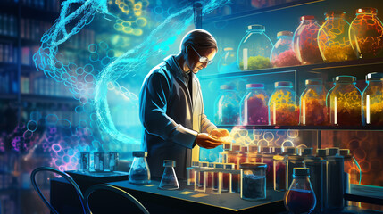 A dynamic and detailed illustration of a scientist in a laboratory, carefully handling vials of medical research samples,  - obrazy, fototapety, plakaty