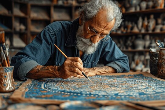 Elderly craftsman in workshop with blueprints, surrounded by tools and books, embodying expertise and tradition.