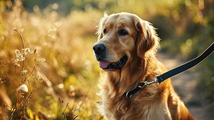 Portrait of golden retriever dog in the park. Sunny autumn day. Close-up portrait. Copy space.