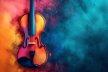 Fototapeta na wymiar Violin in colorful powder explosion. Illustration of the violin enveloped in elements on black background. Lights and music and color