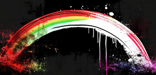 A grungy rainbow arc with paint splatters and drips.