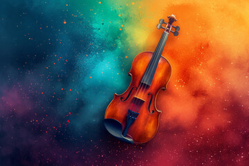 Violin in colorful powder explosion. Illustration of the violin enveloped in elements on black background. Lights and music and color