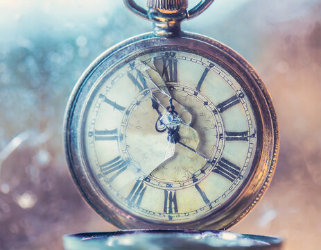 Running out of time concept. Clock ticking out. Cracked clock in antique style. Generative Ai