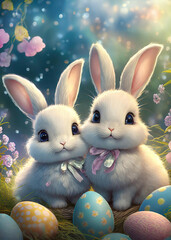 Easter celebration, bunny buddies, two adorable rabbits with Easter eggs in a floral spring setting