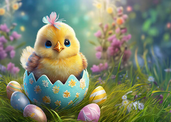 Easter celebration. Easter delight, adorable chicken in a decorative egg amidst spring flowers