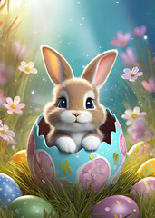 Easter celebration. Easter Delight adorable bunny in a decorative egg amidst spring flowers