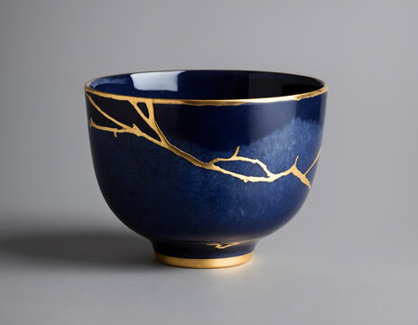 Kintsugi-Inspired Dark Blue Cup Shining Against a White Canvas