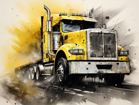 semi truck illustration vintage retro watercolor wallpaper