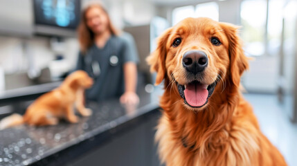 Close-up of a smiling golden retriever with another dog and a person in a veterinary clinic blurred in the background