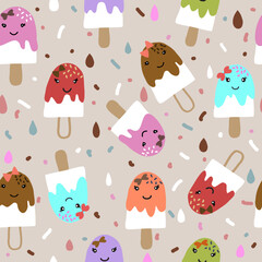 Summer seamless pattern with hand drawn ice cream. Use  for fabric, textile, wallpaper. Vector illustration