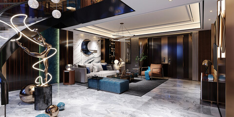 3d render of modern luxury living room, apartment house. 