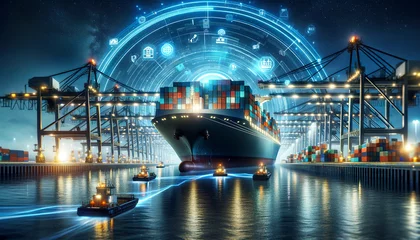 Fotobehang A futuristic cargo ship docks at a high-tech port with digital interfaces and a starry sky above.Logistics solutions in the future.AI generated. © Czintos Ödön