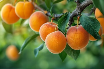 In the sun, a cluster of delicious apricots branches with dew 