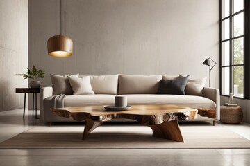 Interior home design of modern living room with beige sofa and live edge table tree stump dry tree trunk with wooden furniture and houseplants