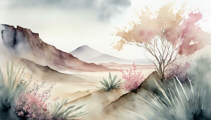Pastelowa akwarela, pustynny krajobraz. Tapeta, dekoracja. Generative AI - obrazy, fototapety, plakaty
