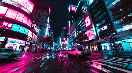 Nighttime cityscape with vibrant lights and bustling urban activity, capturing the dynamic energy of a modern city. - obrazy, fototapety, plakaty