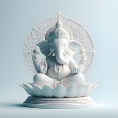 Ganesha, Hindu god of wisdom and prosperity, sits on a lotus flower in a pond., Generative AI