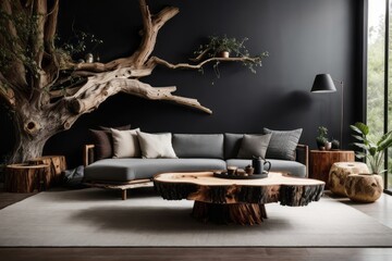 Interior home design of modern living room with rustic wood log sofa and live edge table tree stump dry tree trunk with wooden furniture and houseplants in black wall
