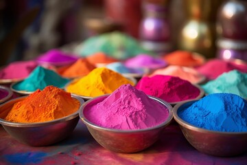 Close-up bowls on a wooden table featuring vibrant Holi powder, an Indian cultural celebration