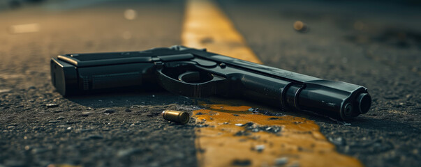 Gun lying on the ground, crime scene - obrazy, fototapety, plakaty