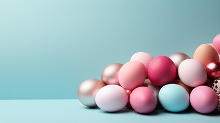 Fototapeta premium Easter quail eggs of various pastel shades with designs and patterns, laid on a pink background along with spring tree flowers. 