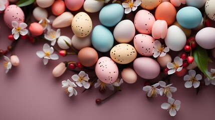 Fototapeta na wymiar Easter quail eggs of various pastel shades with designs and patterns, laid on a pink background along with spring tree flowers. 