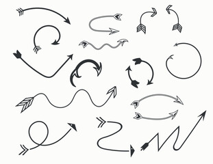 Group of arrows for diagrams. Vector drawing with marker. various curved arrows, curls