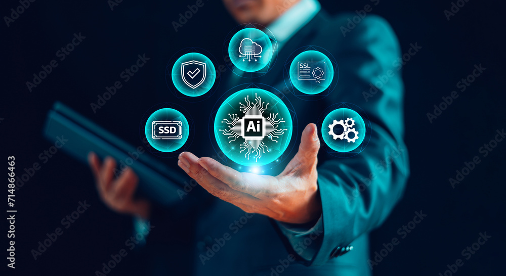 Poster web hosting ai privacy platform service app. website provider support business icon. ai technology s