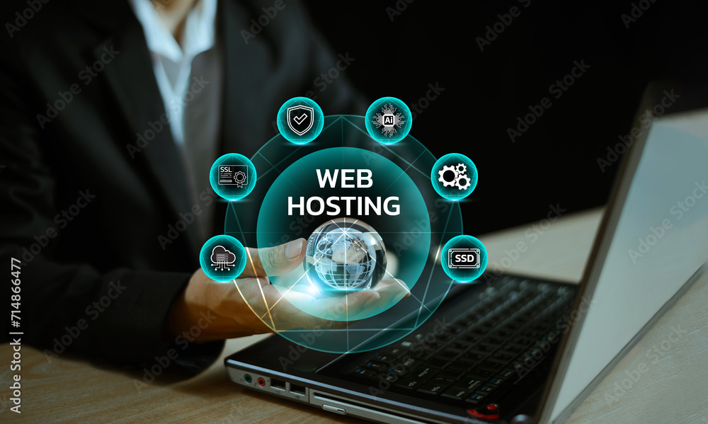 Poster web hosting ai privacy platform service app. website provider support business icon. ai technology s