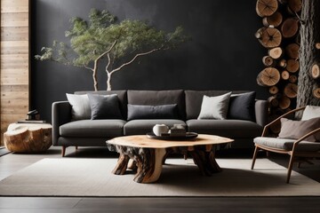 Interior home design of modern living room with rustic wood log sofa and live edge table tree stump dry tree trunk with wooden furniture and houseplants in black wall