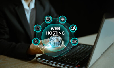 Web Hosting Ai privacy platform service app. Website provider support business icon. Ai technology storage space and access for domain web. Modern business technology. Ai internet Web Hosting concept