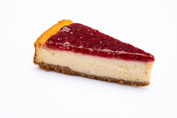  Delicious dessert raspberry cheesecake on white background