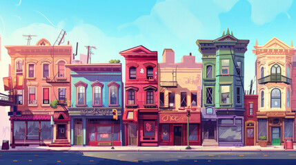 Colorful old fashioned downtown. Cartoon style illustration. - obrazy, fototapety, plakaty