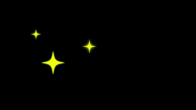 Twinkling stars animated video 4k resolution, star shape cartoon, flat, vector, doodles style blinking, glitter on black background, night sky. Winks effects sparkling starry glowing, bright shiny.