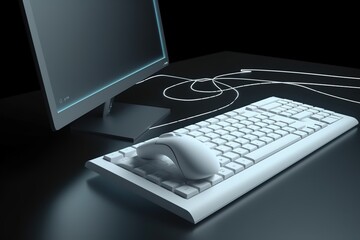 Modern computer with keyboard and mouse on a dark desk, minimalist office concept. - obrazy, fototapety, plakaty
