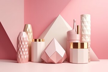 Modern pink and gold geometric cosmetic packaging on a pastel background with stylish design elements.